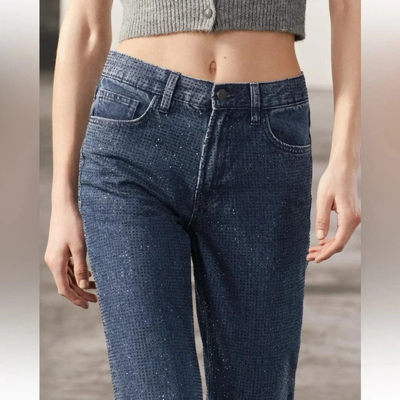 ZARA ZW COLLECTION RHINESTONE HIGH WAIST BOOTCUT BLOGGERS FAVORITE JEANS - Picture 3 of 13